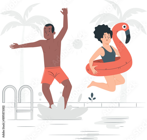 Man and woman having fun in the pool with a flamingo floatie on a sunny day