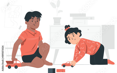 Children playing with toy cars on the floor in a living room with furniture and plants around them from a high viewpoint