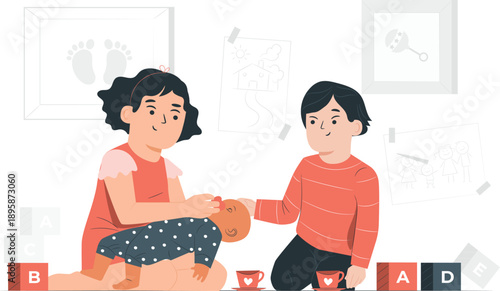 Two children sitting on floor playing with alphabet blocks together in a room with educational illustrations on the wall