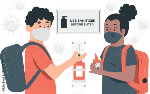 Two masked individuals using sanitizer before entering a location, promoting hygiene and safety measures.