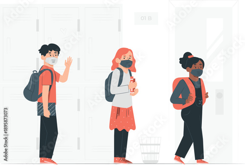 Students wearing masks and backpacks standing near lockers in a school hallway