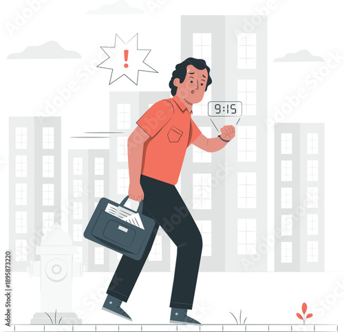 A man in a hurry, running late for work, checking the time while walking down the street in an urban environment