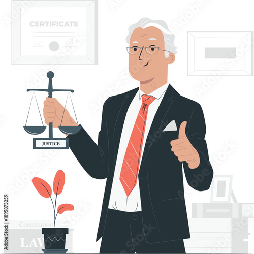 A senior lawyer stands confidently holding a scale of justice in an office environment, giving a thumbs up with a professional demeanor.