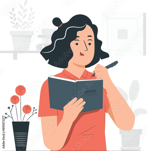 A young woman writing in a notebook in a modern minimalist home interior with plants and flowers nearby