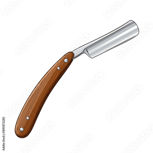 Detailed illustration of a classic straight razor featuring a polished metallic blade and an ergonomically curved wooden handle secured with rivets.
