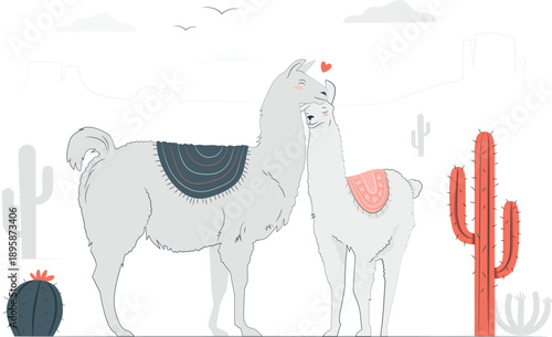 Two llamas standing together in a desert landscape with cacti and clouds in the background viewed from the side