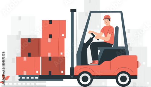 Warehouse worker operating forklift with crates in industrial setting from a front viewpoint