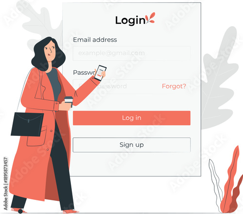 Woman holding smartphone standing beside login interface on screen with login form and sign up option