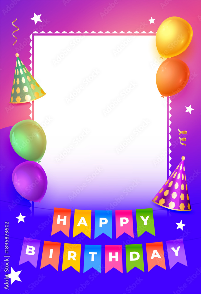 Fototapeta premium realistic happy birthday invitation card with photo frame
