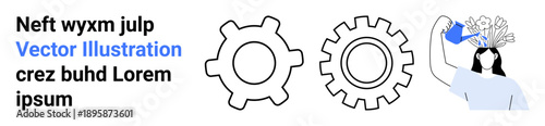 Innovation, brainstorming, creativity, process systems, abstract thinking, productivity. Two gear icons and a person watering plants growing from their head. Innovation and creativity concept