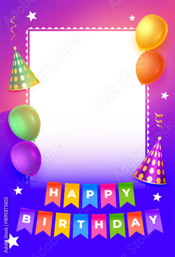 realistic happy birthday invitation card with photo frame