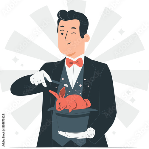 A magician producing a red rabbit from a hat, dressed in a black suit and red bowtie, with a surprised expression, viewed from the front.