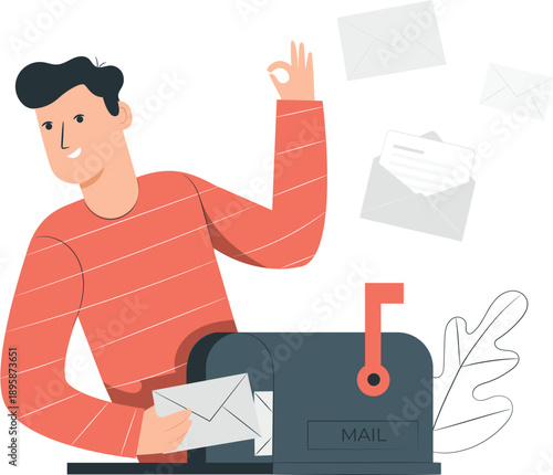 Man sitting at desk with mail, holding letter and gesturing okay amidst floating envelopes