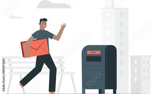 Man running with envelope near mailbox in urban landscape