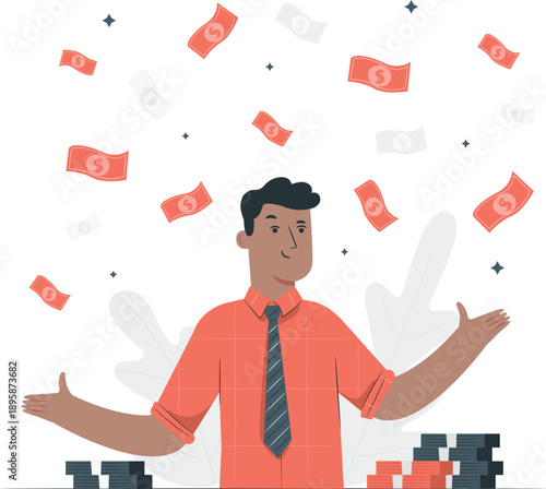 A businessman celebrating success with money flying around him, viewed from a slight angle