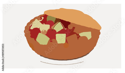 3D sweet pie with cherries melon cubes jam and caramel balls isolated on white background