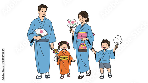 Happy Japanese family including parents and two children wearing traditional blue and orange yukata while holding fans and snacks.