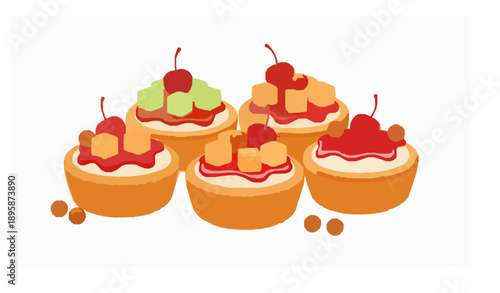 Mini sweet fruit pies with cherries melon jam and caramel balls isolated on white