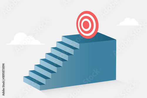 3d rise up stairs leading towards business target concept background with clouds
