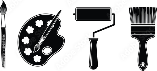 Minimalist black and white painting tools icons set featuring brush, palette, paint roller and house painting brush isolated on white background