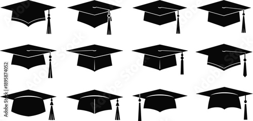 Minimalist black and white graduation cap icons set featuring mortarboard hats with tassels, education and academic achievement symbols isolated on white background