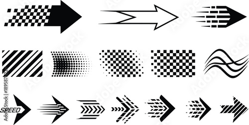 Set of abstract speed arrows, motion lines, halftone patterns and racing direction symbols isolated on white, dynamic vector elements for transport, technology, branding design.