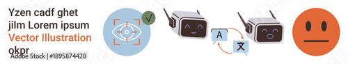 Language translation, AI communication, facial recognition, technology development, digital identity, automation. Visual of robotic devices, language icons eye scan and a neutral face. Language