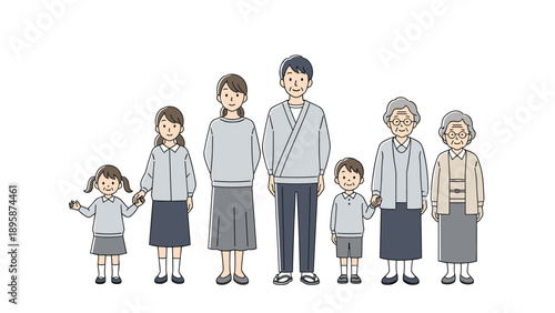 Large multi-generational family standing together in a row ranging from young children to elderly grandparents wearing matching gray outfits.