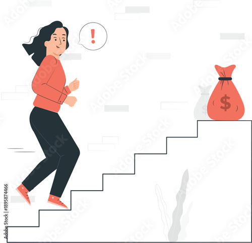Woman climbing stairs towards a bag of money with a surprised expression