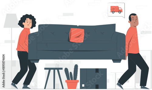 Couple moving furniture into new home, carrying sofa together in living room scene