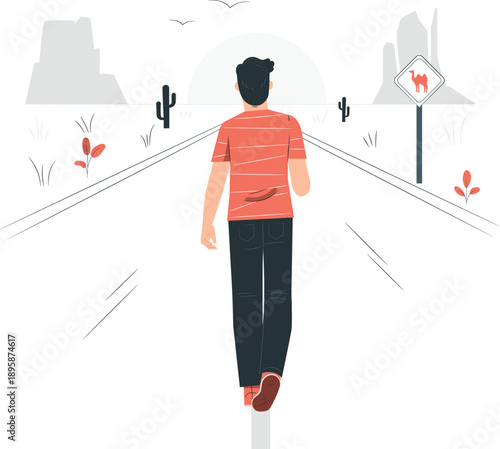 A person walking down a deserted road with cacti and mountains in the distance, viewed from behind.