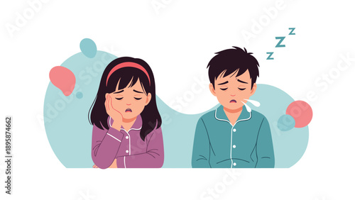 Two tired young children wearing pajamas looking very sleepy and exhausted as one boy yawns with sleep symbols floating near his head.
