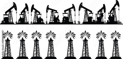 Oil pumpjack and drilling rig silhouettes set, petroleum industry extraction equipment isolated on white, energy production symbols for fuel, offshore, industrial and power concepts.