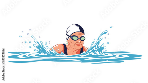 Active elderly woman wearing a white swim cap and goggles swimming through splashing blue water while enjoying her healthy aquatic exercise.