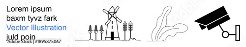 Sustainable agriculture, rural life, renewable energy, farming technology, surveillance, data security. A windmill with wheat and plants next to a surveillance camera sketch. Sustainable agriculture
