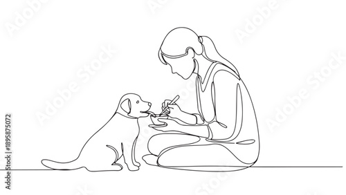 Continuous line drawing of a caring owner lovingly feeding her adorable puppy, symbolizing the heartwarming bond and devoted pet care shared between them, showcasing affection and companionship