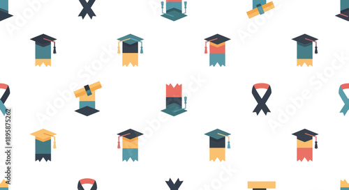 Flat design graduation caps, diplomas, and ribbons in a repeating pattern on a white background.