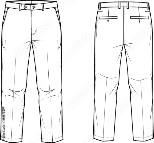 Blank Men Fashion Chino Pants Technical Flat Sketch Front and Back View White Trouser Mockup Template for Apparel Design Development and Professional Tech Packs
