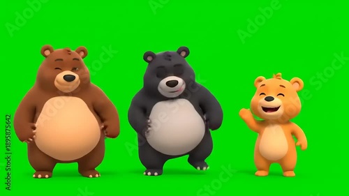 Cute cartoon bears dancing and waving on a green screen background, ideal for children's content and animations