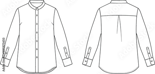 Technical fashion flat sketch of long sleeve mandarin collar shirt showing front and back views with button placket, cuffs, seams, and apparel design details