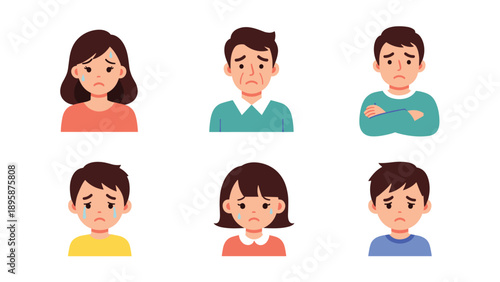 Six character avatars showing sad or crying facial expressions for a diverse group of people including men, women, and young children.