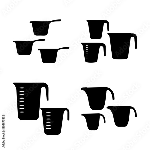 Illustration of various measuring cups and saucepans in black silhouette style