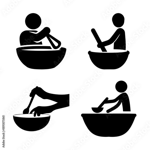 Four Black Pictograms of People Stirring and Mixing in Bowls for Cooking