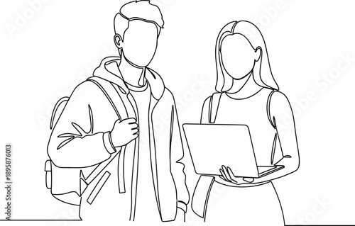 Young students standing together with laptop and backpack modern education concept black and white line art vector illustration