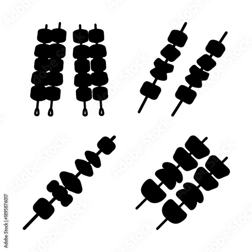 Assorted kebab skewers with various meat and vegetable combinations in black silhouette