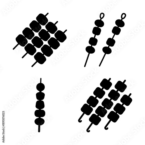 Four different arrangements of kebab skewer silhouettes against a white background