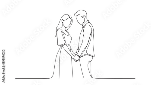 Continuous line drawing of a couple holding hands, representing love and unity on their wedding day