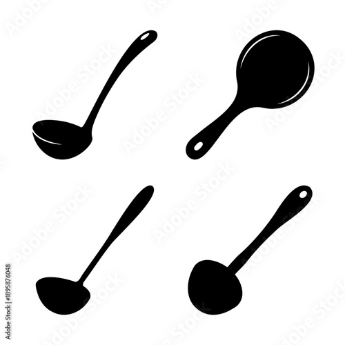 Black and white illustration of ladles, representing cooking and kitchen utensils