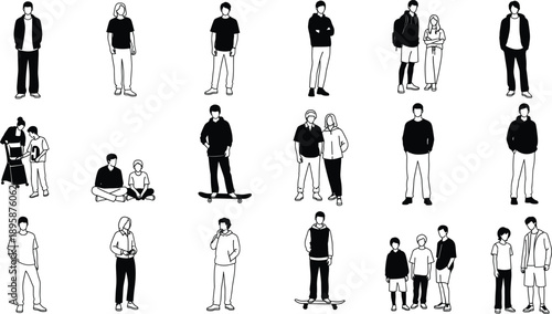 People character silhouettes set in casual poses showing standing walking couples friends youth lifestyle activities