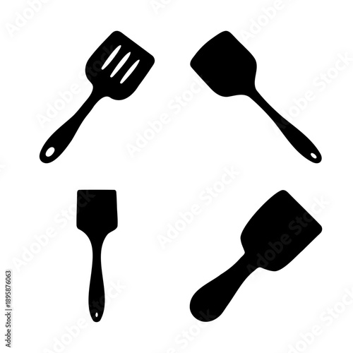 Four different black spatula icons on white background with kitchenware theme